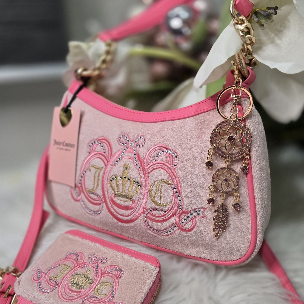 Juicy Couture Pink/lemonade diamond shoulder bag with matching wallet and Charm - Picture 7 of 9
